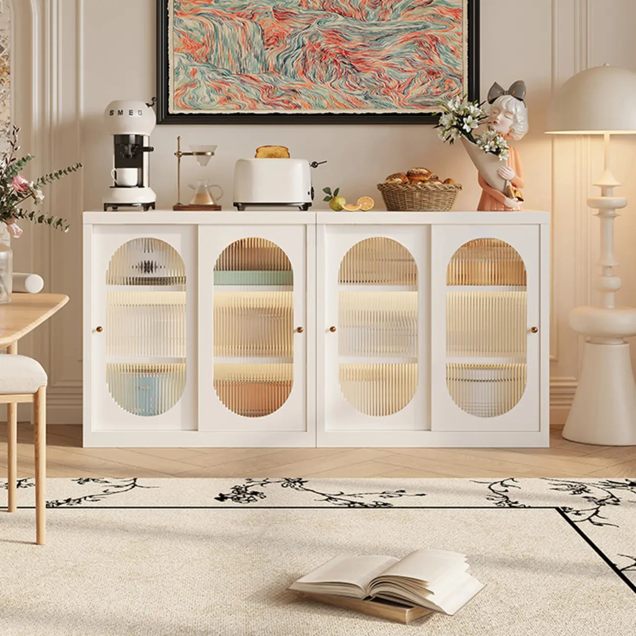 Narrow Green Storage Sideboard with Glass Doors