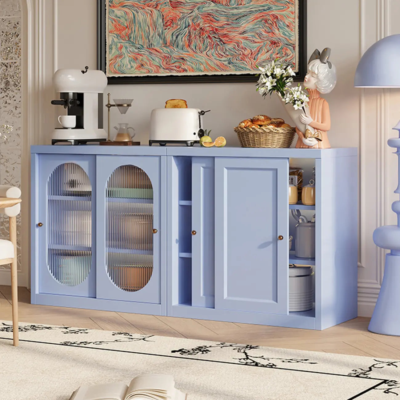 Narrow Green Storage Sideboard with Glass Doors