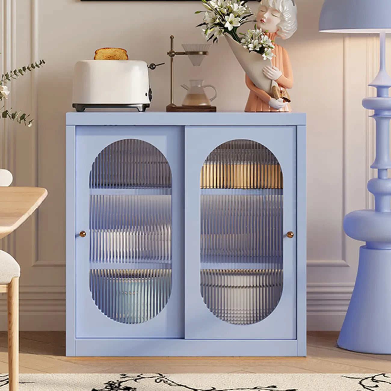 Narrow Green Storage Sideboard with Glass Doors