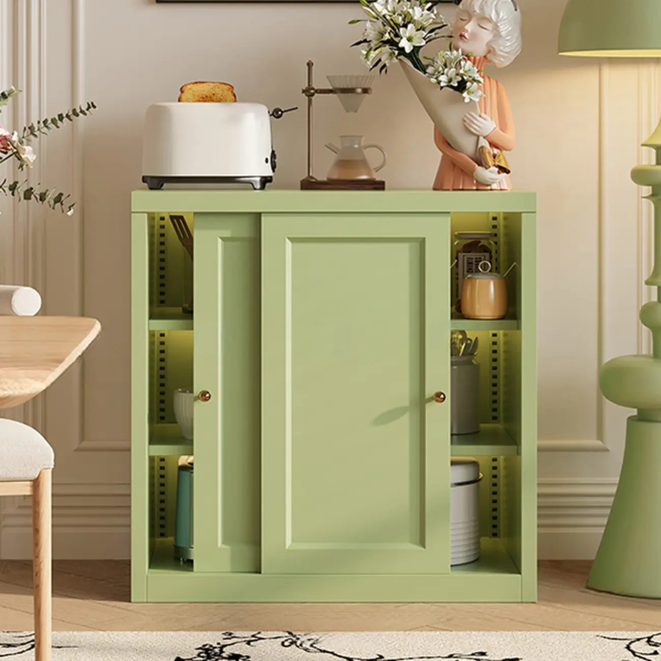 Narrow Green Storage Sideboard with Glass Doors