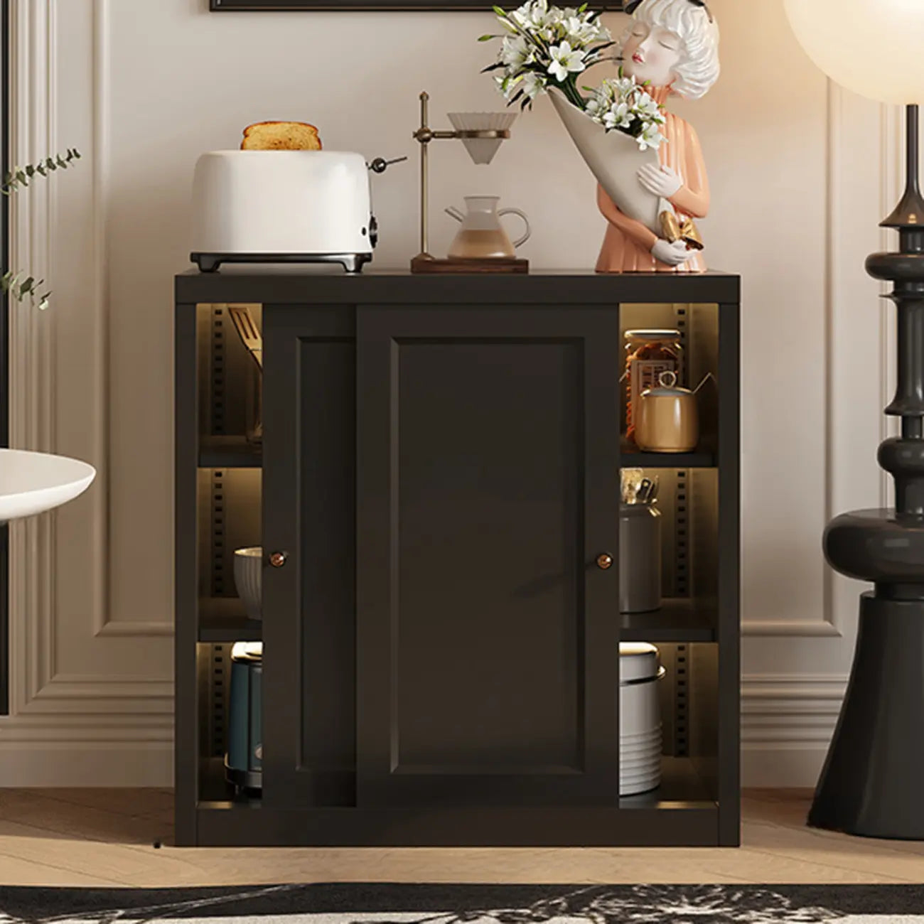 Narrow Green Storage Sideboard with Glass Doors