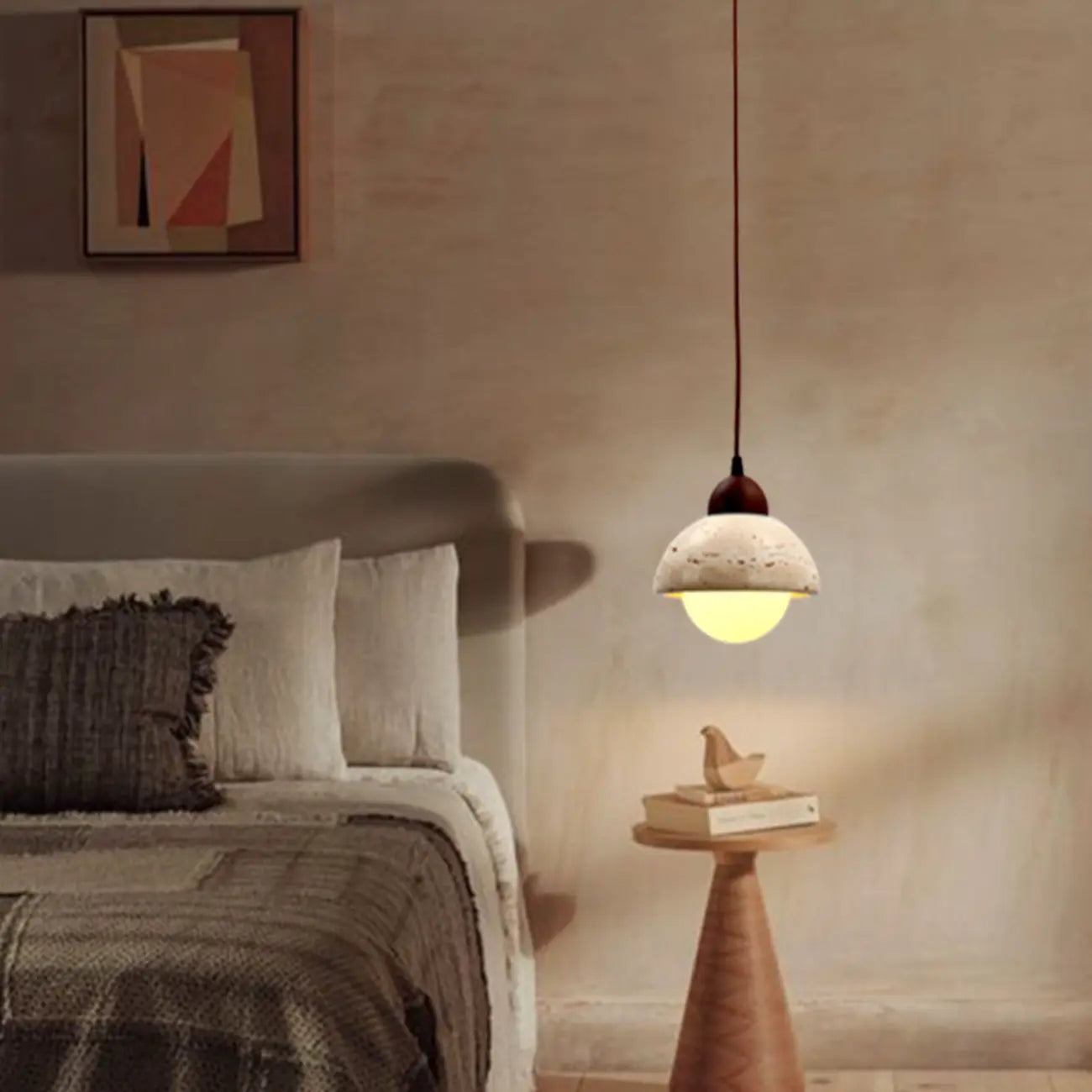 Modern 3-Light Walnut Wood Stone Cylinder Pendant Lamp