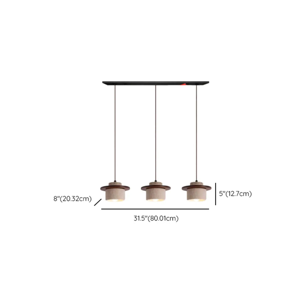 Modern 3-Light Walnut Wood Stone Cylinder Pendant Lamp