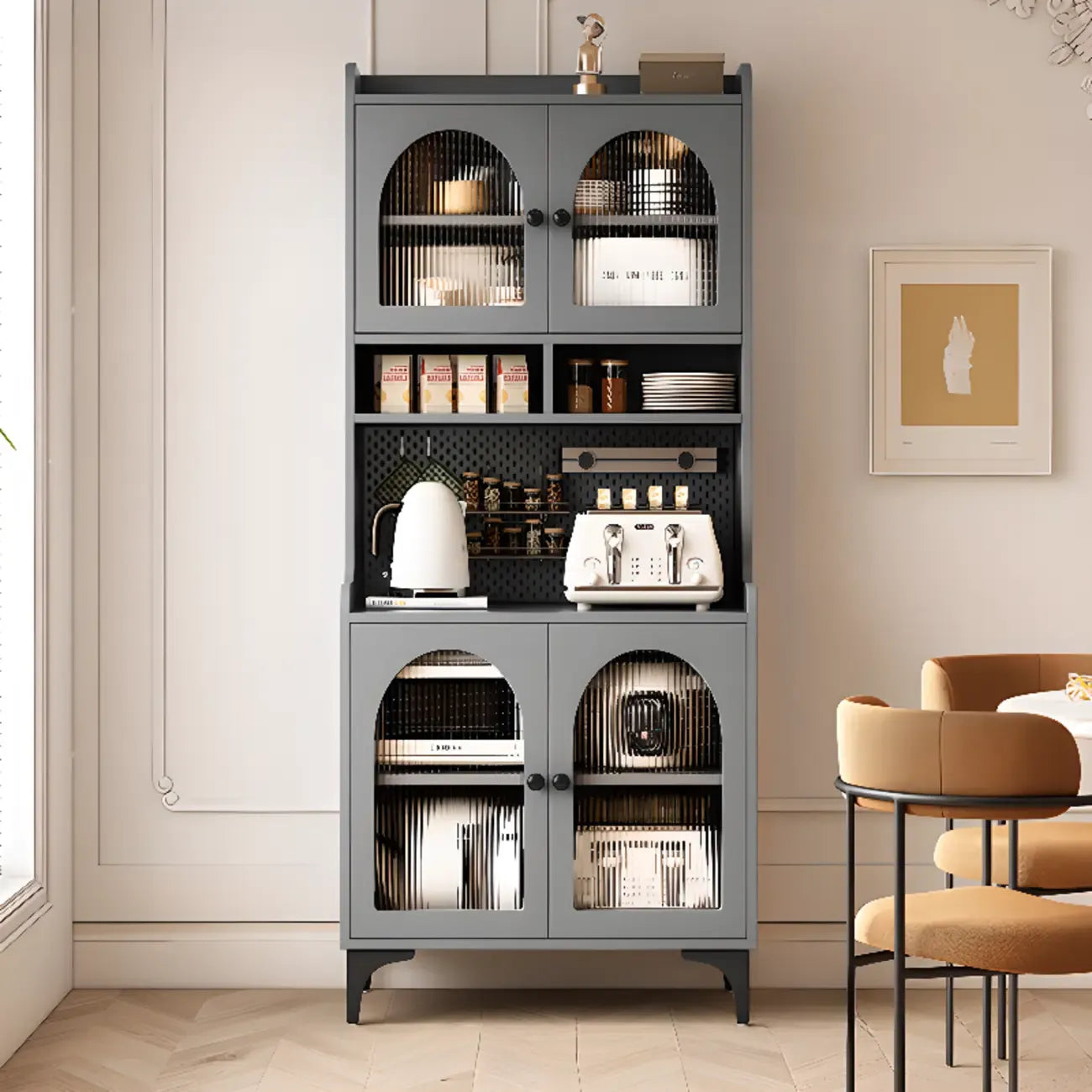 Kitchen Wooden Open Shelving Sideboard Arched Glass Door