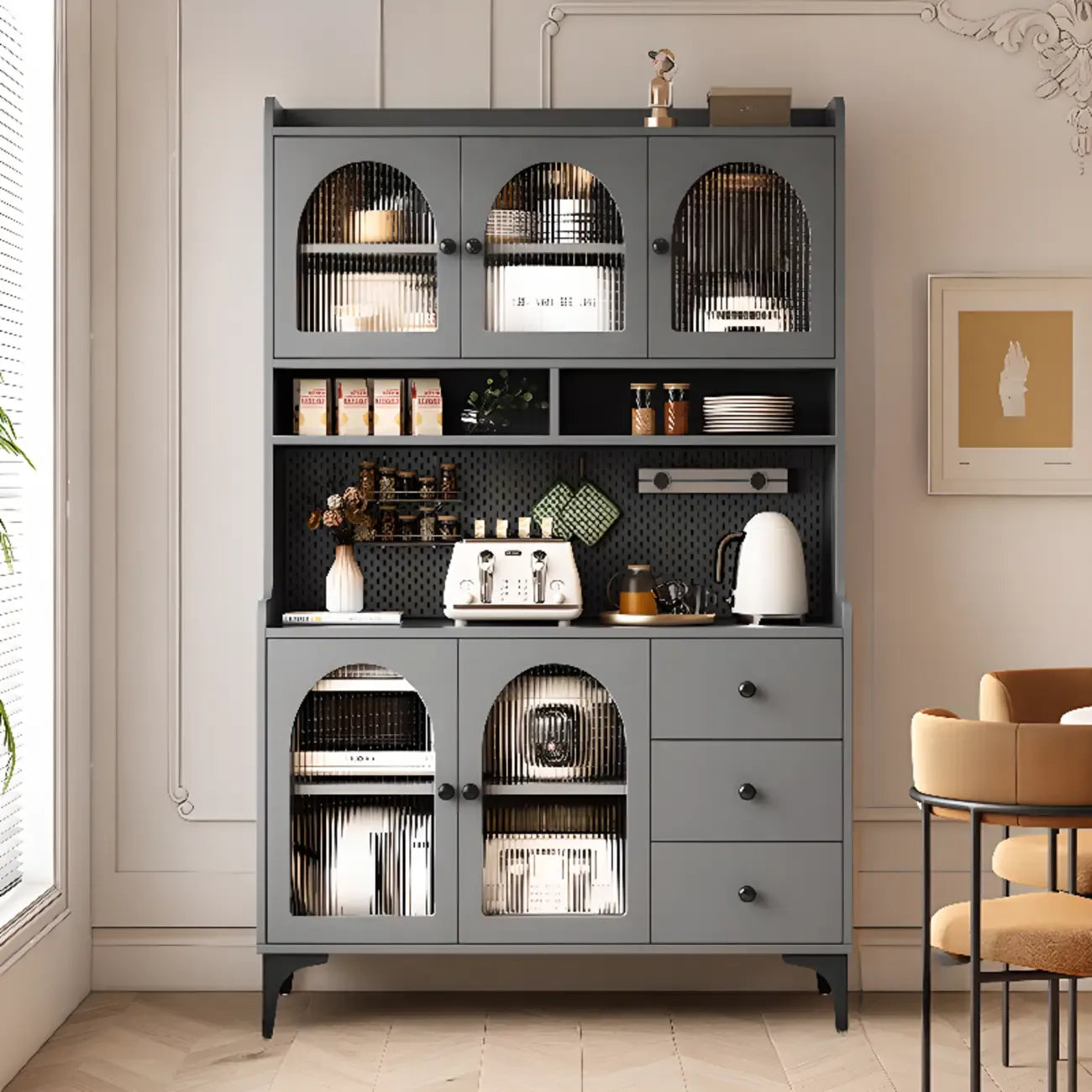 Kitchen Wooden Open Shelving Sideboard Arched Glass Door