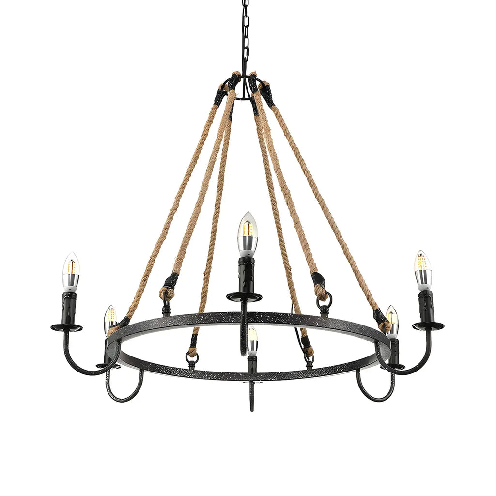 Hemp Rope Industrial Metal Round Candle Chandelier