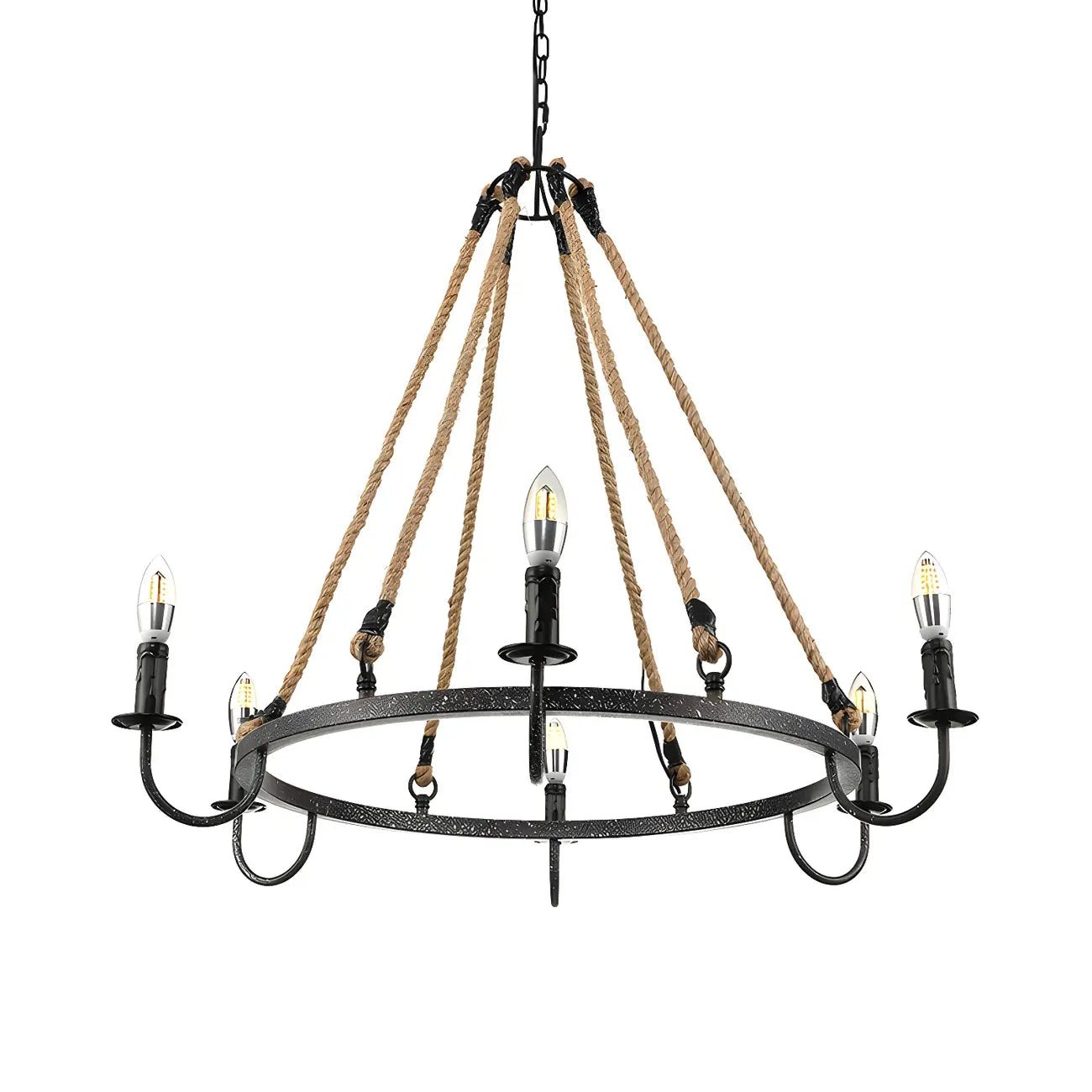 Hemp Rope Industrial Metal Round Candle Chandelier
