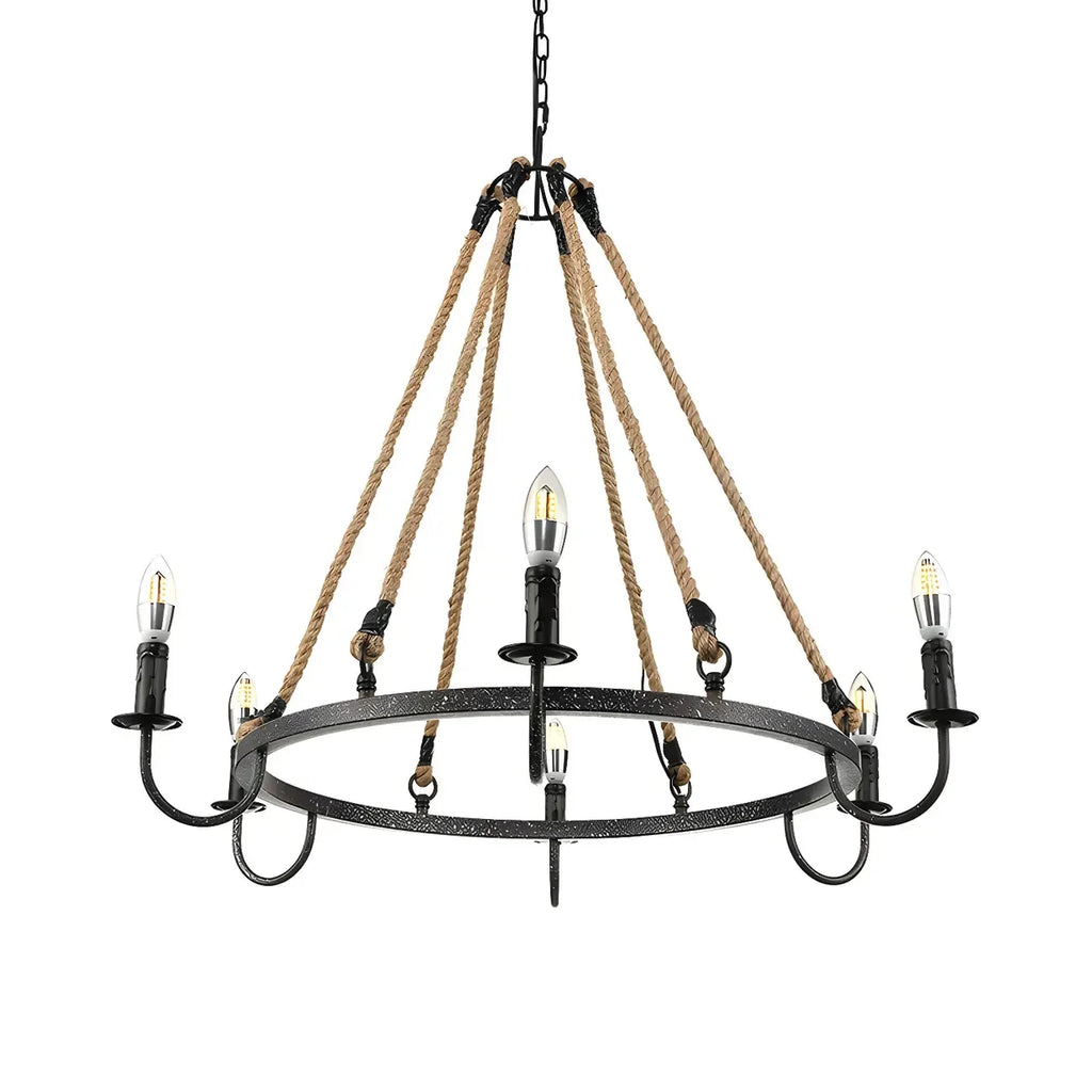 Hemp Rope Industrial Metal Round Candle Chandelier