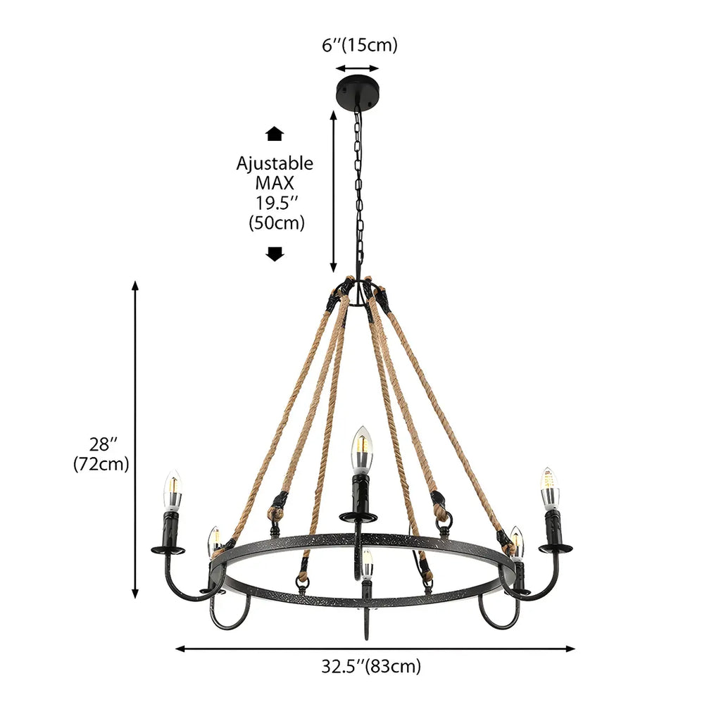 Hemp Rope Industrial Metal Round Candle Chandelier