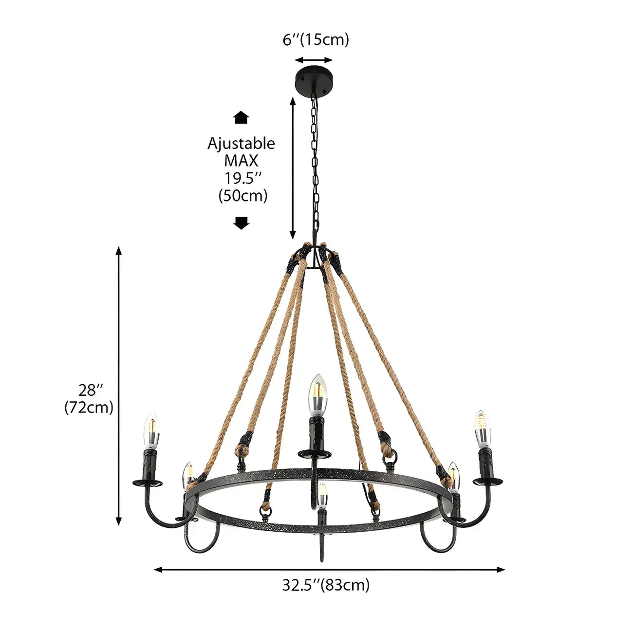 Hemp Rope Industrial Metal Round Candle Chandelier