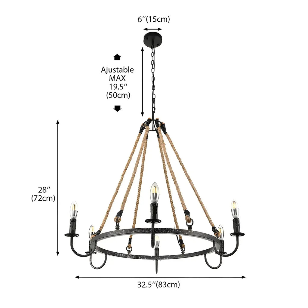Hemp Rope Industrial Metal Round Candle Chandelier