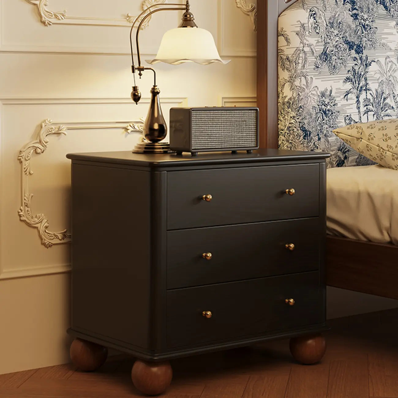 Black Wooden 3-Drawer Spacious Storage Bedroom Nightstand
