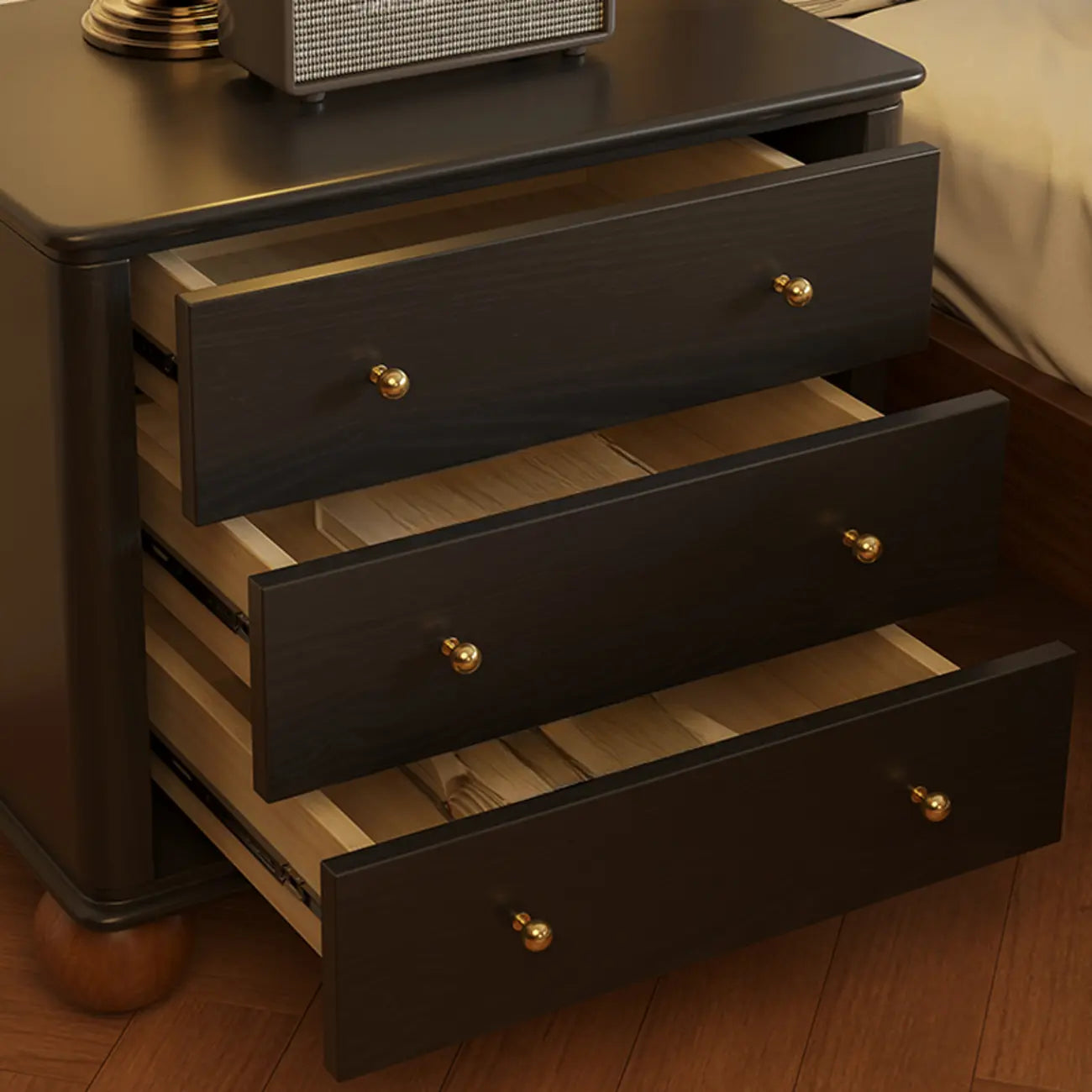 Black Wooden 3-Drawer Spacious Storage Bedroom Nightstand