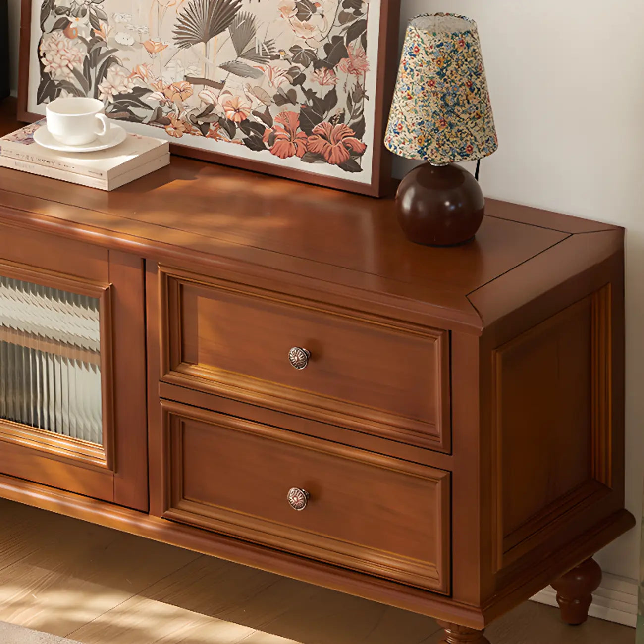 Walnut Wood Vintage Dresser TV Stand with Cabinet