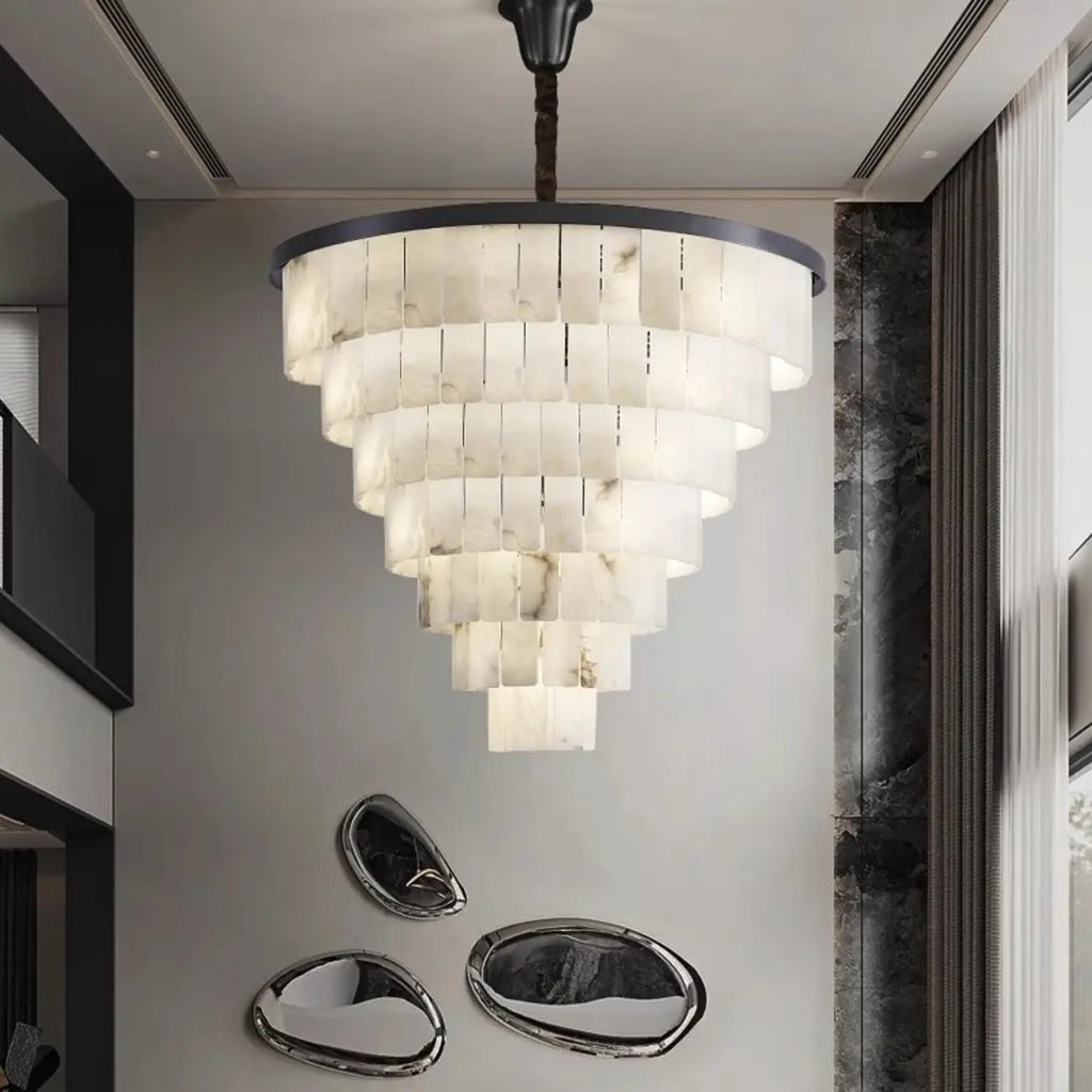 White Stone Geometric Tiered Crystal Chain Chandelier