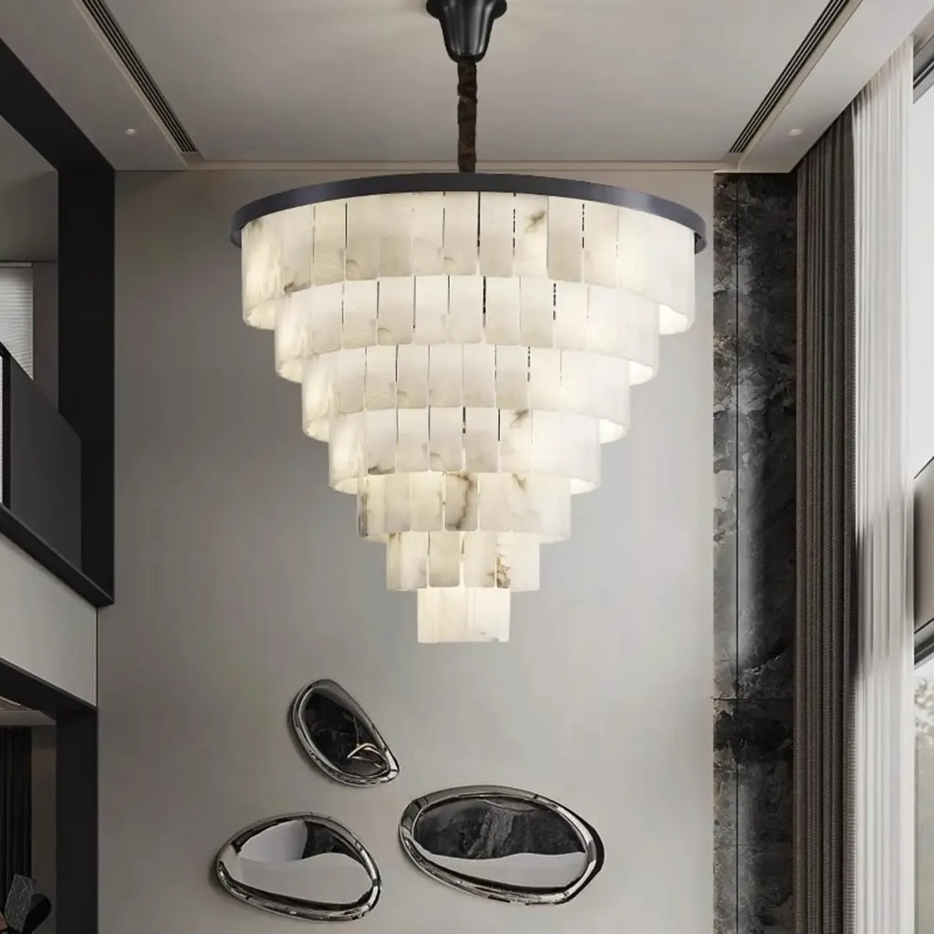 White Stone Geometric Tiered Crystal Chain Chandelier