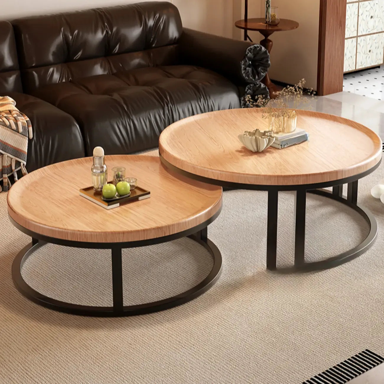 Round Modern Slate Glass Steel Frame Coffee Table