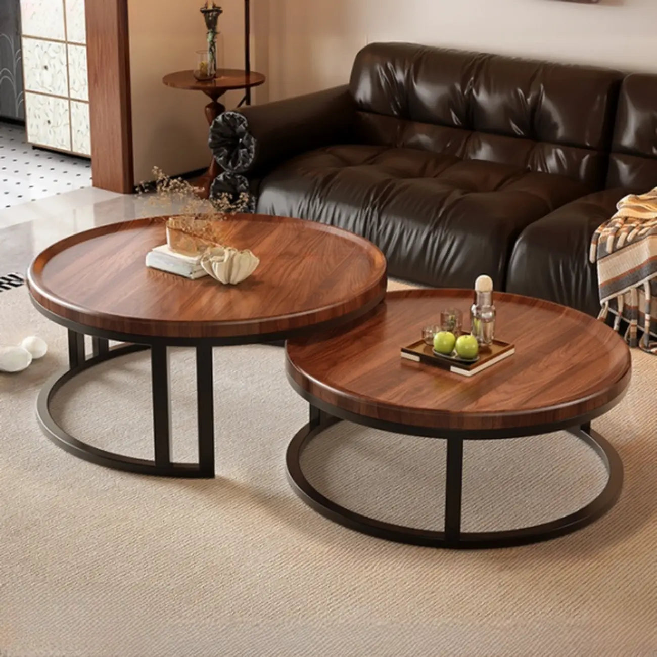 Round Modern Slate Glass Steel Frame Coffee Table