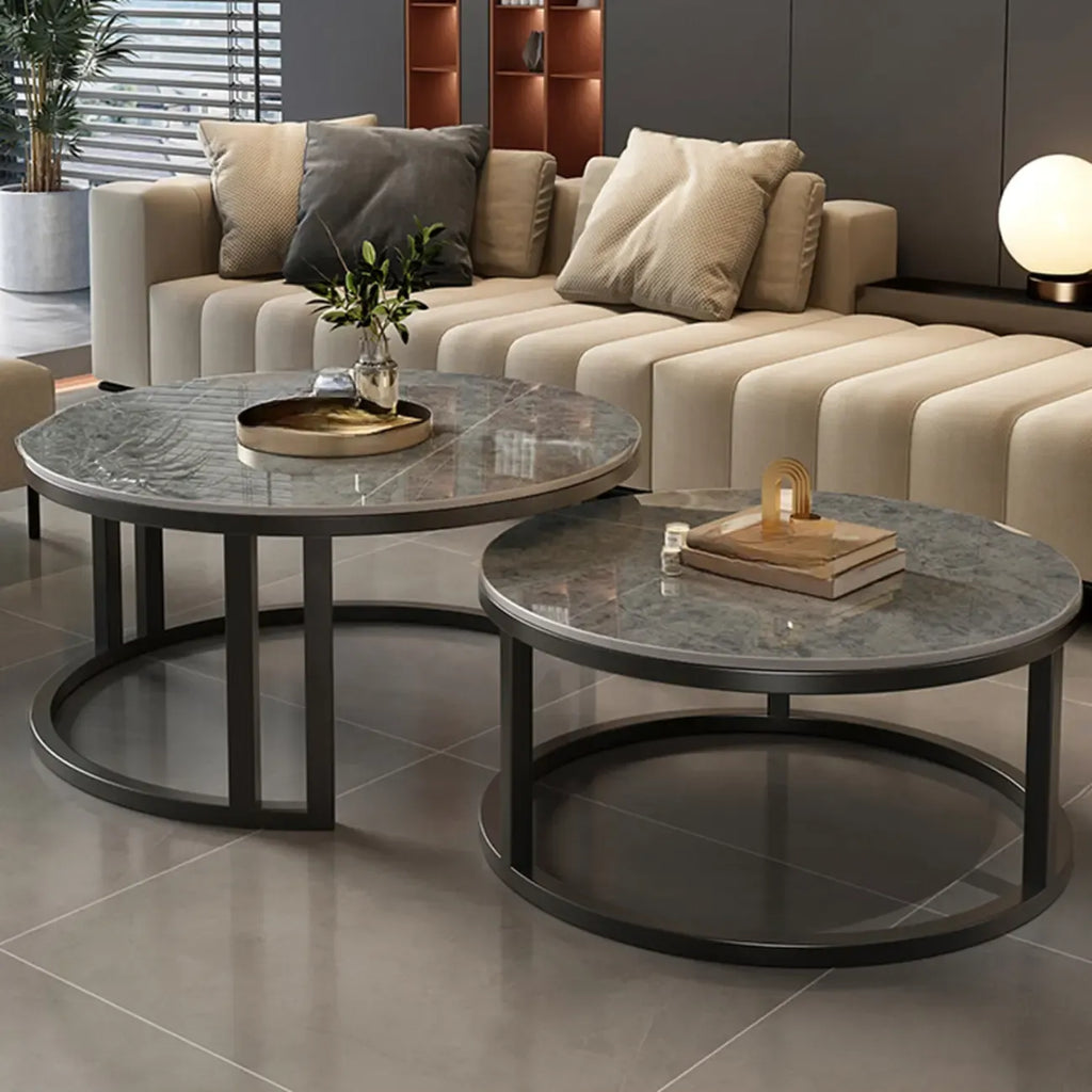 Round Modern Slate Glass Steel Frame Coffee Table