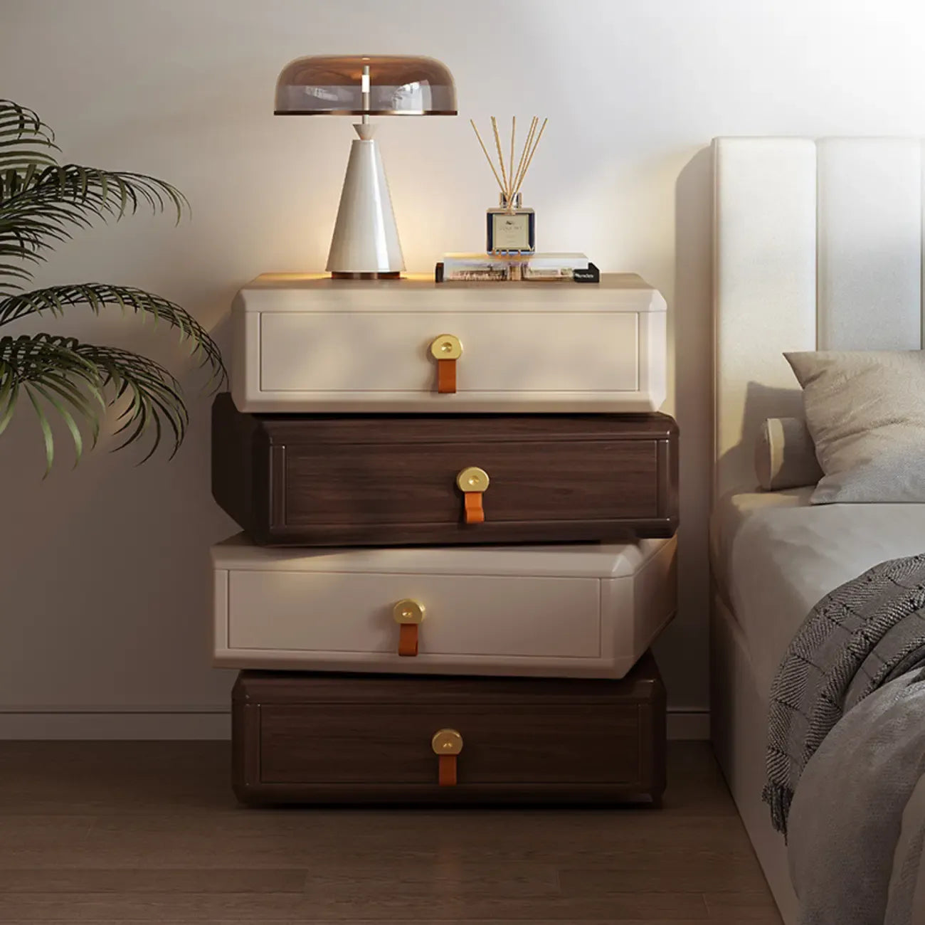 Creative Modern Swivel Beige Wooden 3 Drawers Nightstand