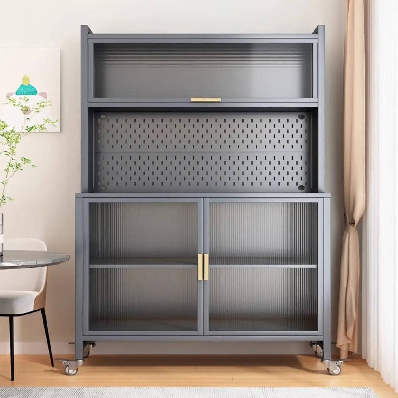 Mobile Metal Open Storage Sideboard with Glass Doors
