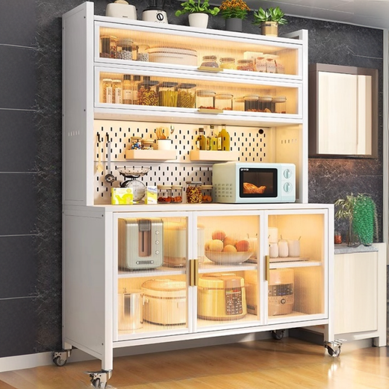 Mobile Metal Open Storage Sideboard with Glass Doors