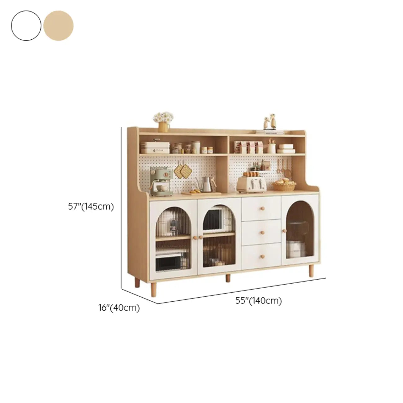 Kitchen Natural Wood Open Shelving 3-Drawer Sideboard