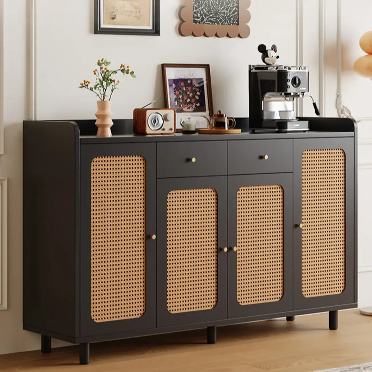 Modern Wood Sideboard with Woven Doors and Storage