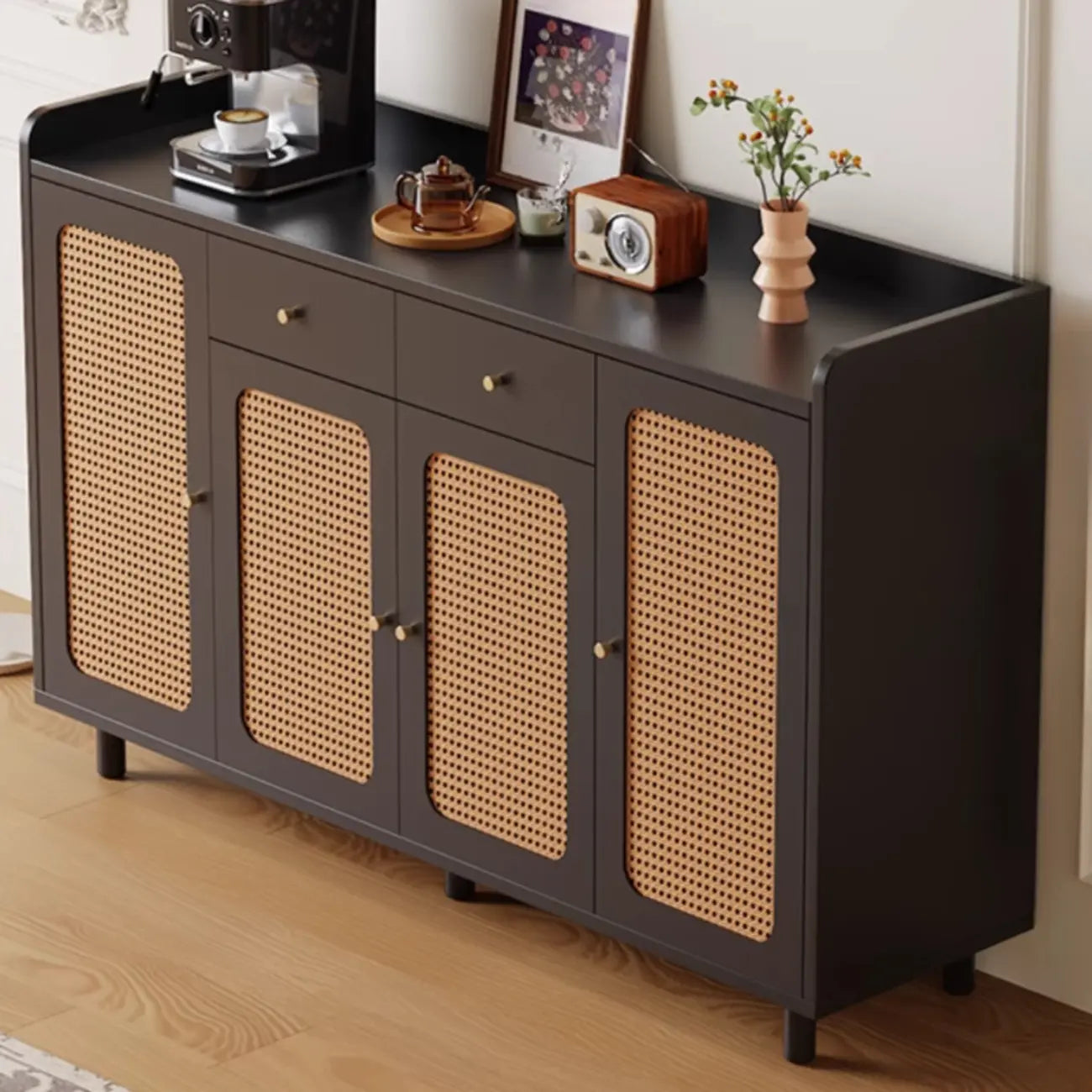 Modern Wood Sideboard with Woven Doors and Storage