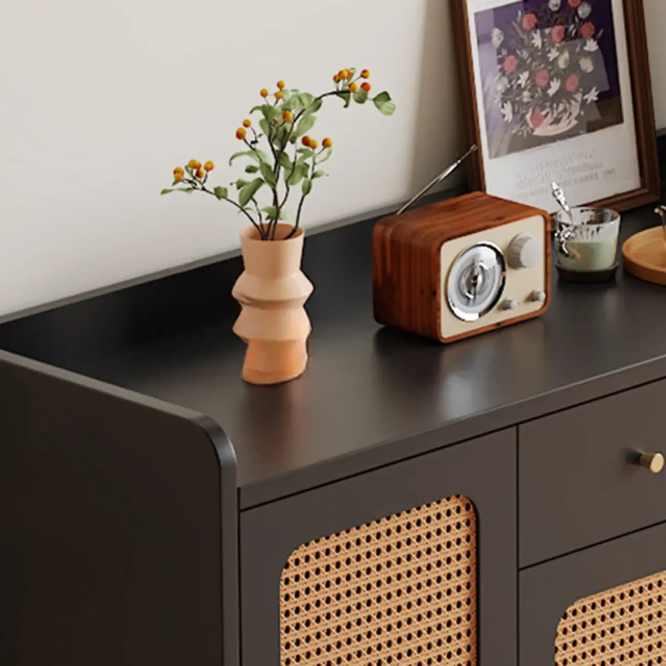 Modern Wood Sideboard with Woven Doors and Storage