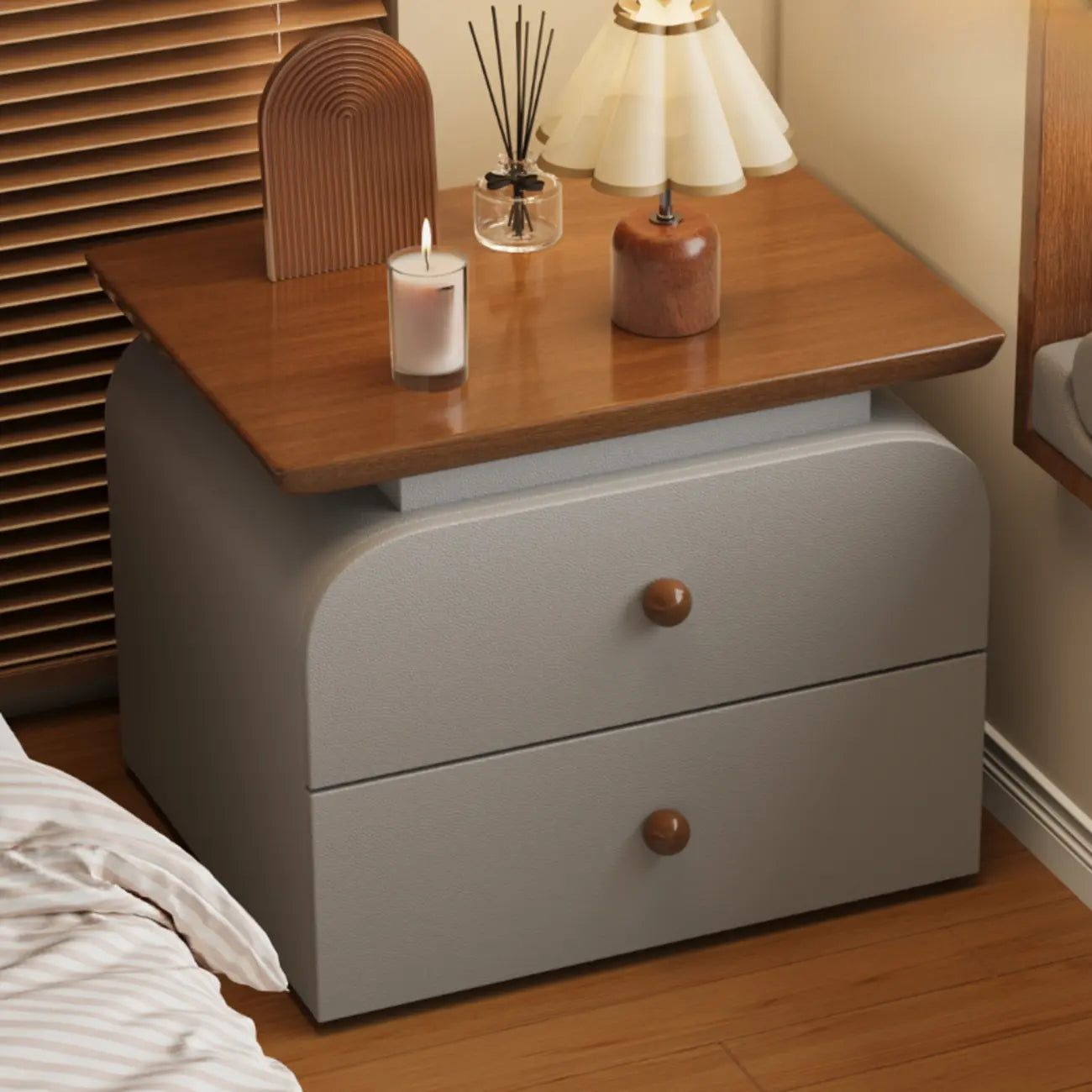 Faux Leather Modern Nightstand Wood Countertop