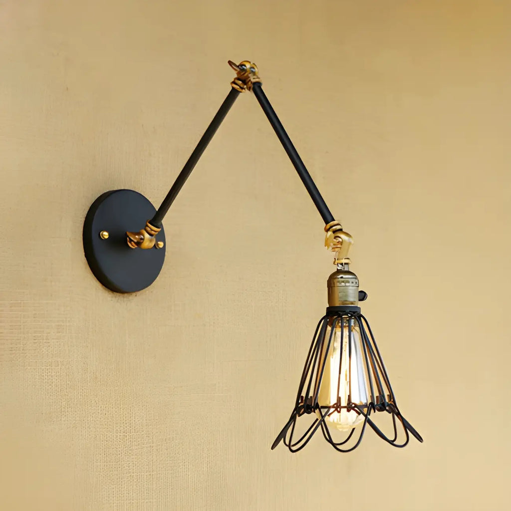 Industrial Black Wire Cage Swing Arm Wall Light