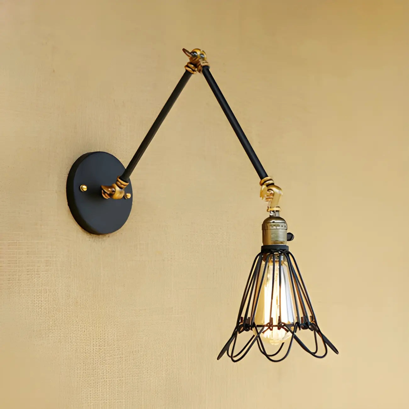 Industrial Black Wire Cage Swing Arm Wall Light