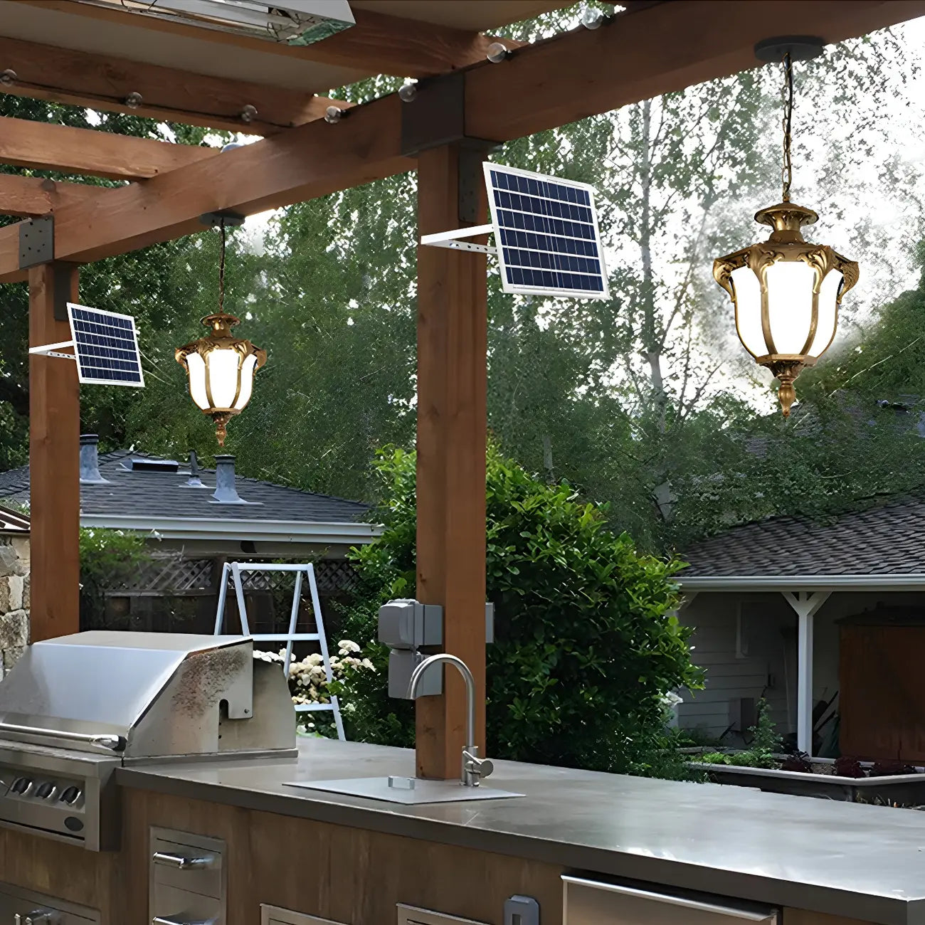 Vintage Bell Shape Solar Outdoor Pendant Light with USB Charger