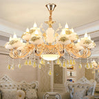 Living Room Gold Floral Glass Shape Chandelier Light with Crystal Pendant