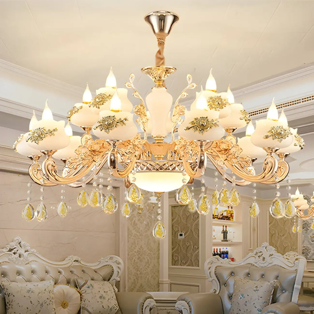 Living Room Gold Floral Glass Shape Chandelier Light with Crystal Pendant