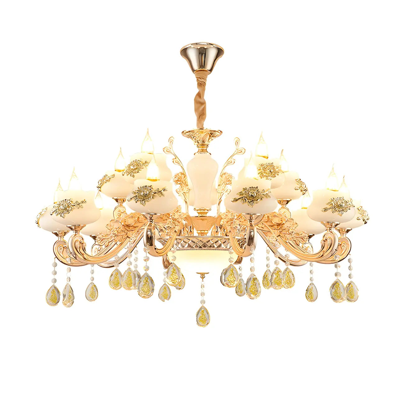 Living Room Gold Floral Glass Shape Chandelier Light with Crystal Pendant