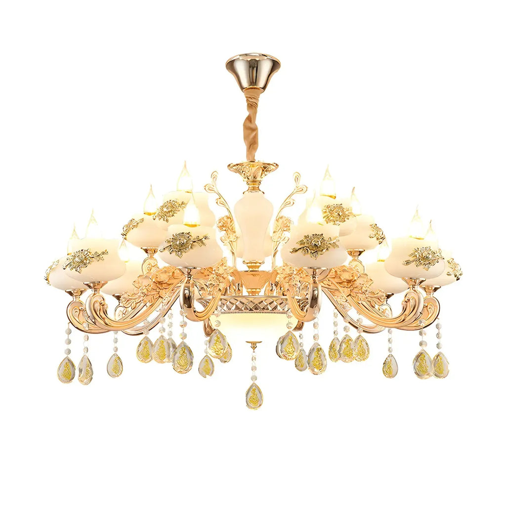 Living Room Gold Floral Glass Shape Chandelier Light with Crystal Pendant