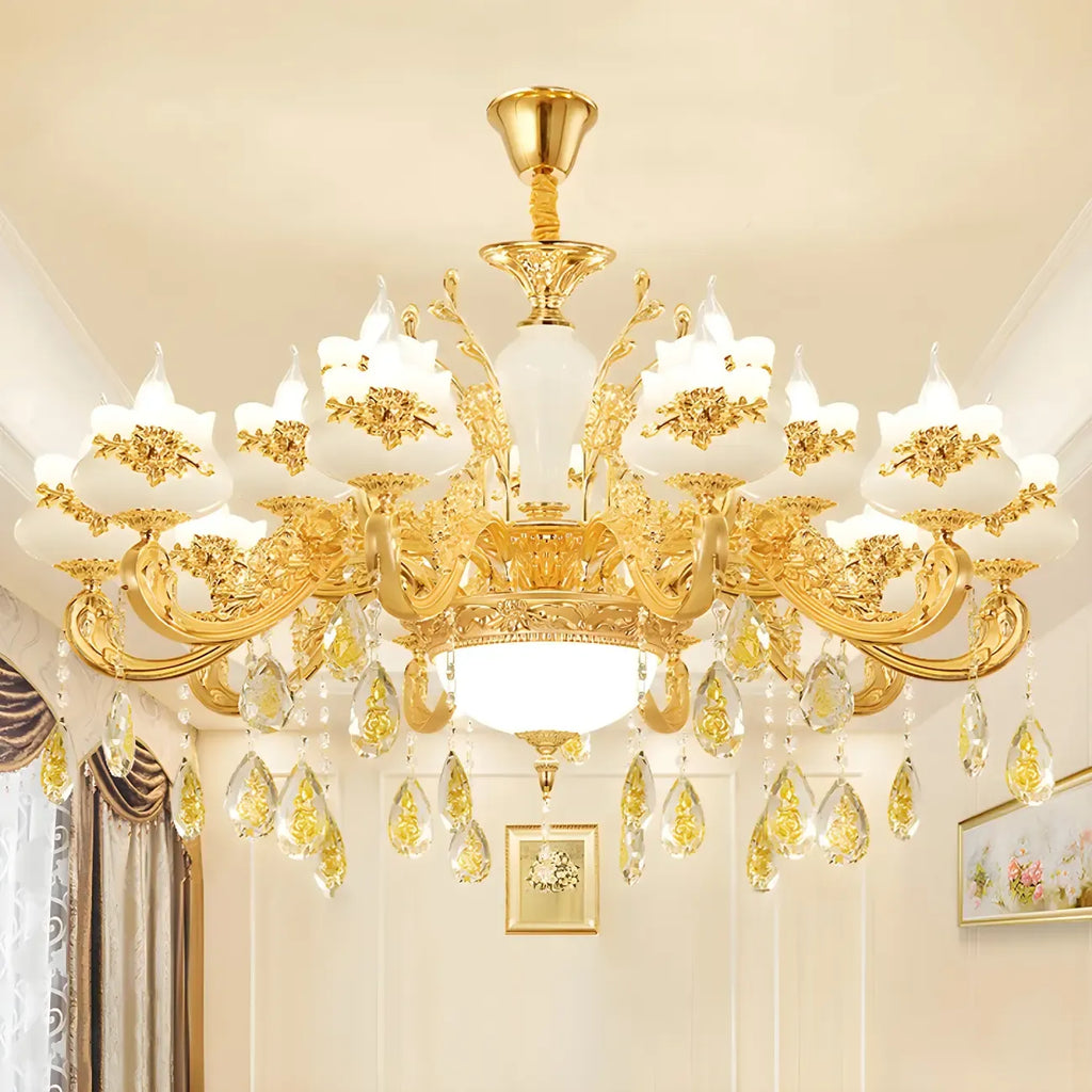 Living Room Gold Floral Glass Shape Chandelier Light with Crystal Pendant
