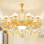 Living Room Gold Floral Glass Shape Chandelier Light with Crystal Pendant