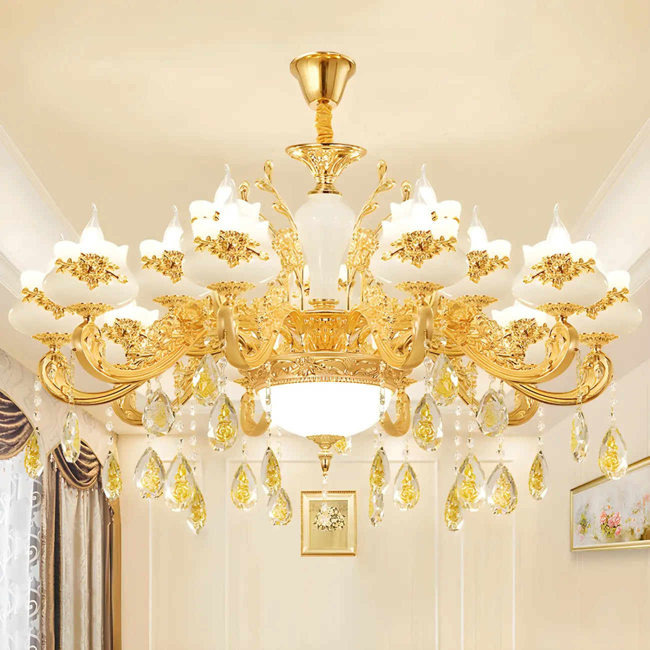 Living Room Gold Floral Glass Shape Chandelier Light with Crystal Pendant