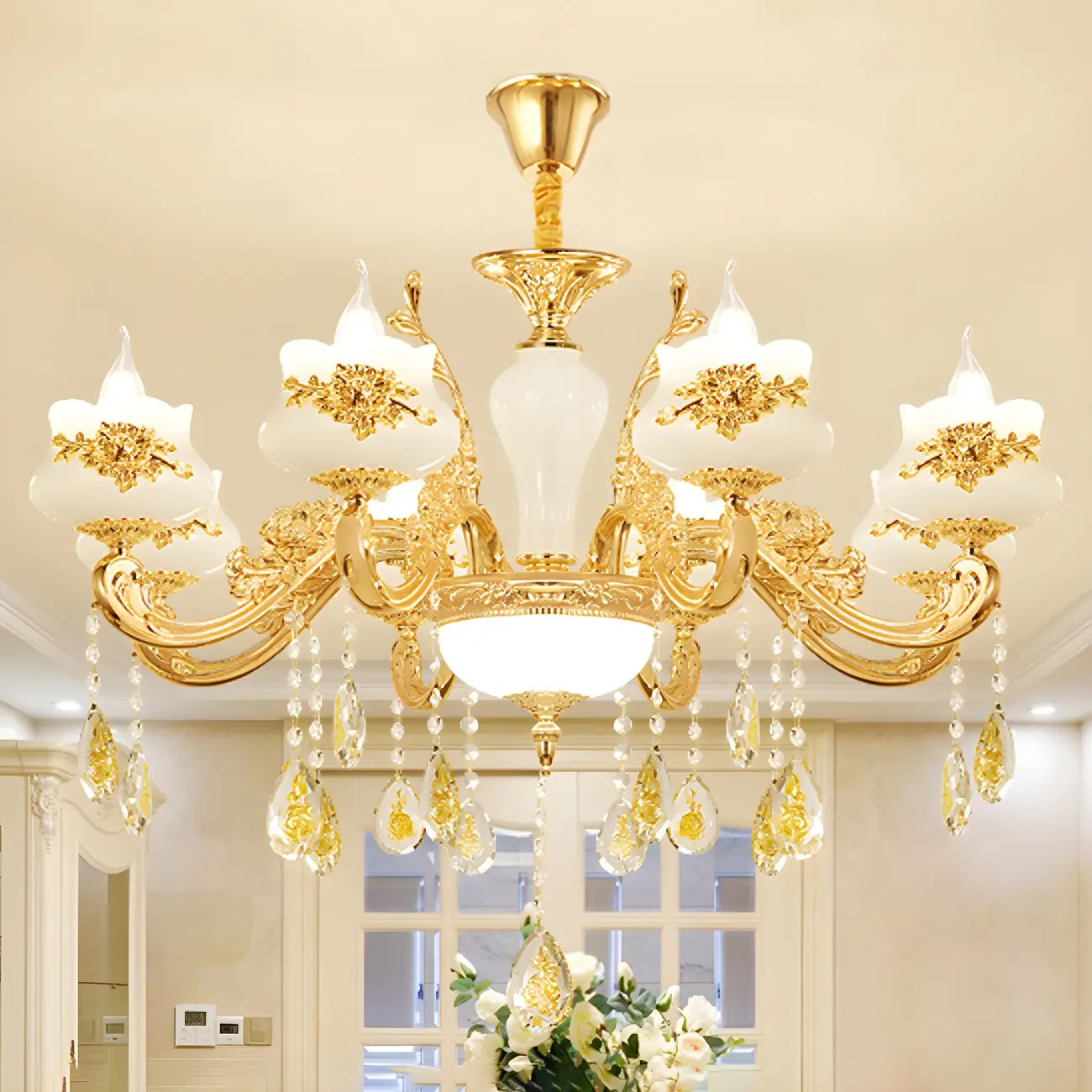 Living Room Gold Floral Glass Shape Chandelier Light with Crystal Pendant