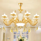 Living Room Gold Floral Glass Shape Chandelier Light with Crystal Pendant