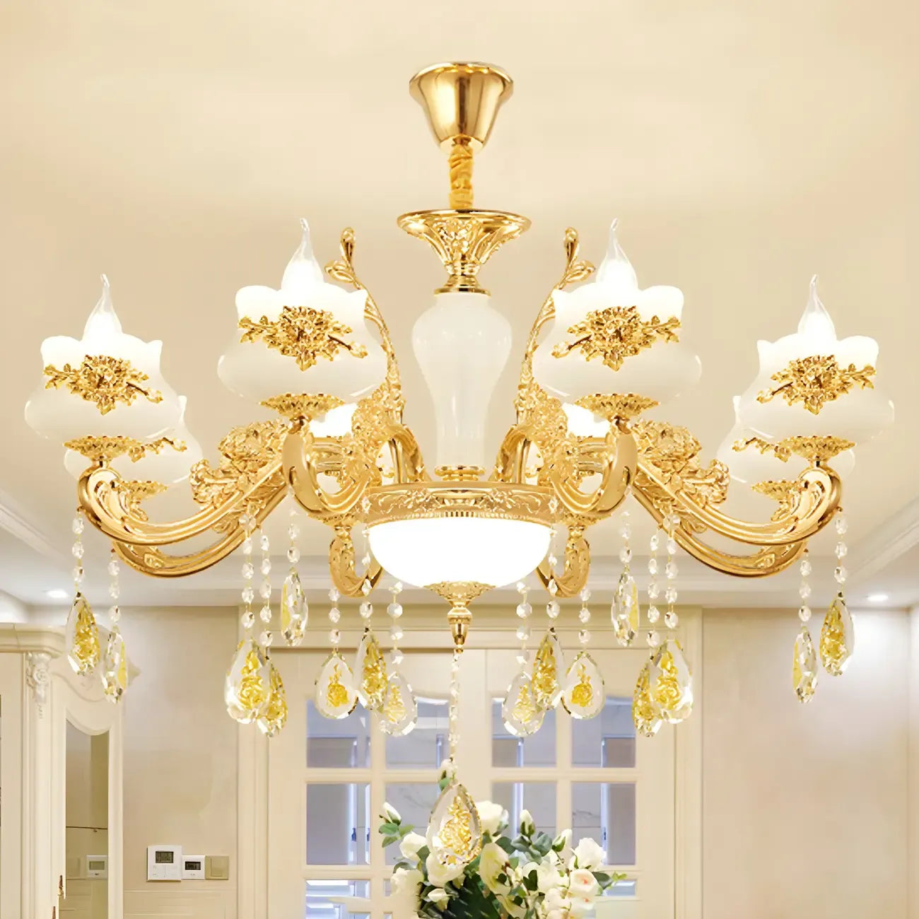 Living Room Gold Floral Glass Shape Chandelier Light with Crystal Pendant