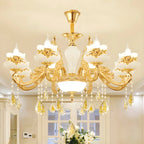 Living Room Gold Floral Glass Shape Chandelier Light with Crystal Pendant