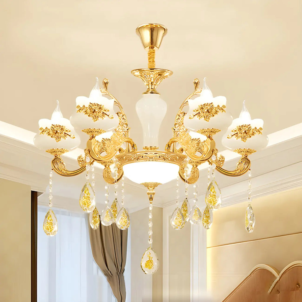 Living Room Gold Floral Glass Shape Chandelier Light with Crystal Pendant
