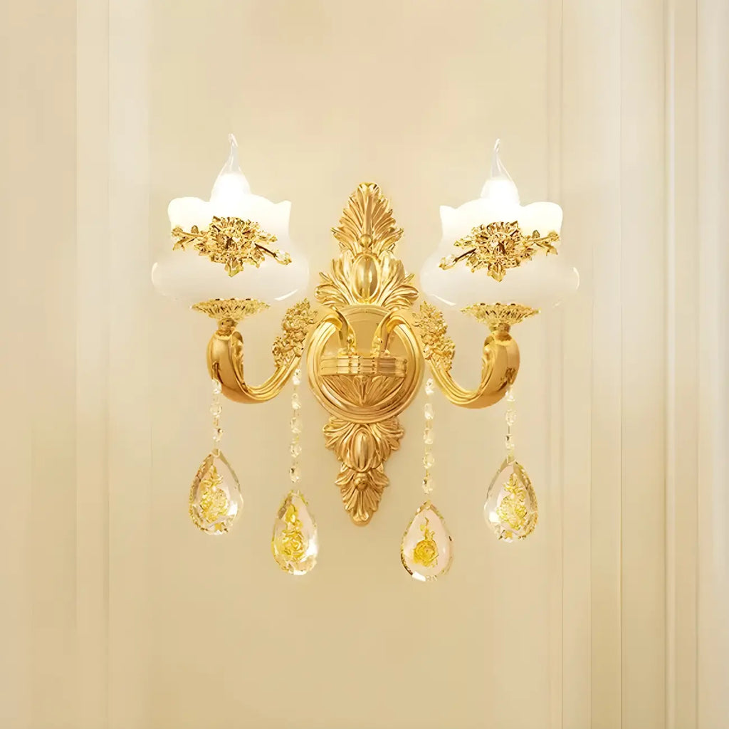 Living Room Gold Floral Glass Shape Chandelier Light with Crystal Pendant