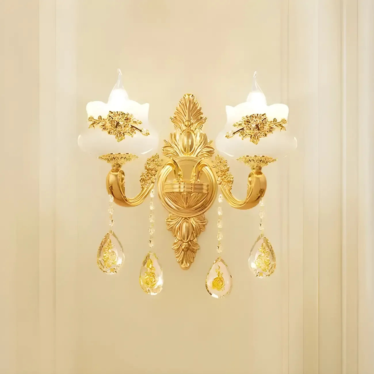 Living Room Gold Floral Glass Shape Chandelier Light with Crystal Pendant