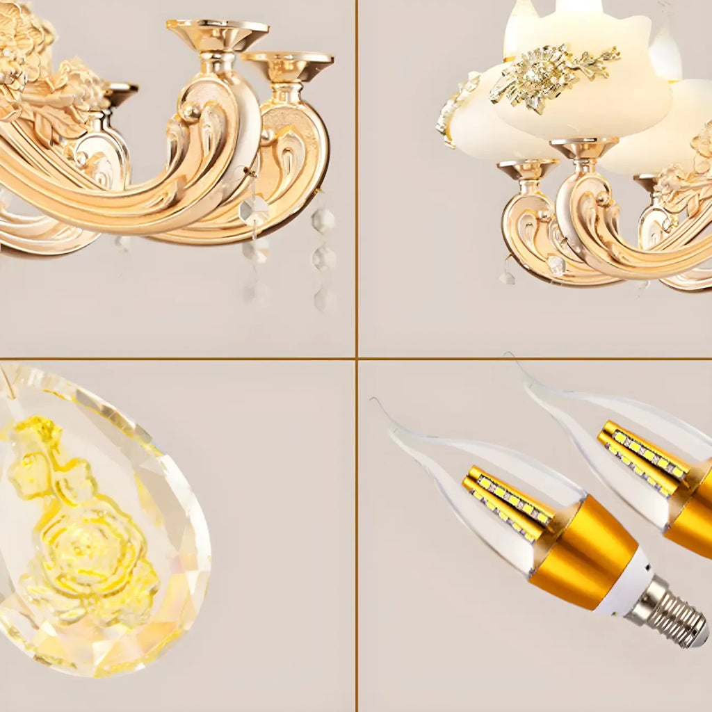 Living Room Gold Floral Glass Shape Chandelier Light with Crystal Pendant