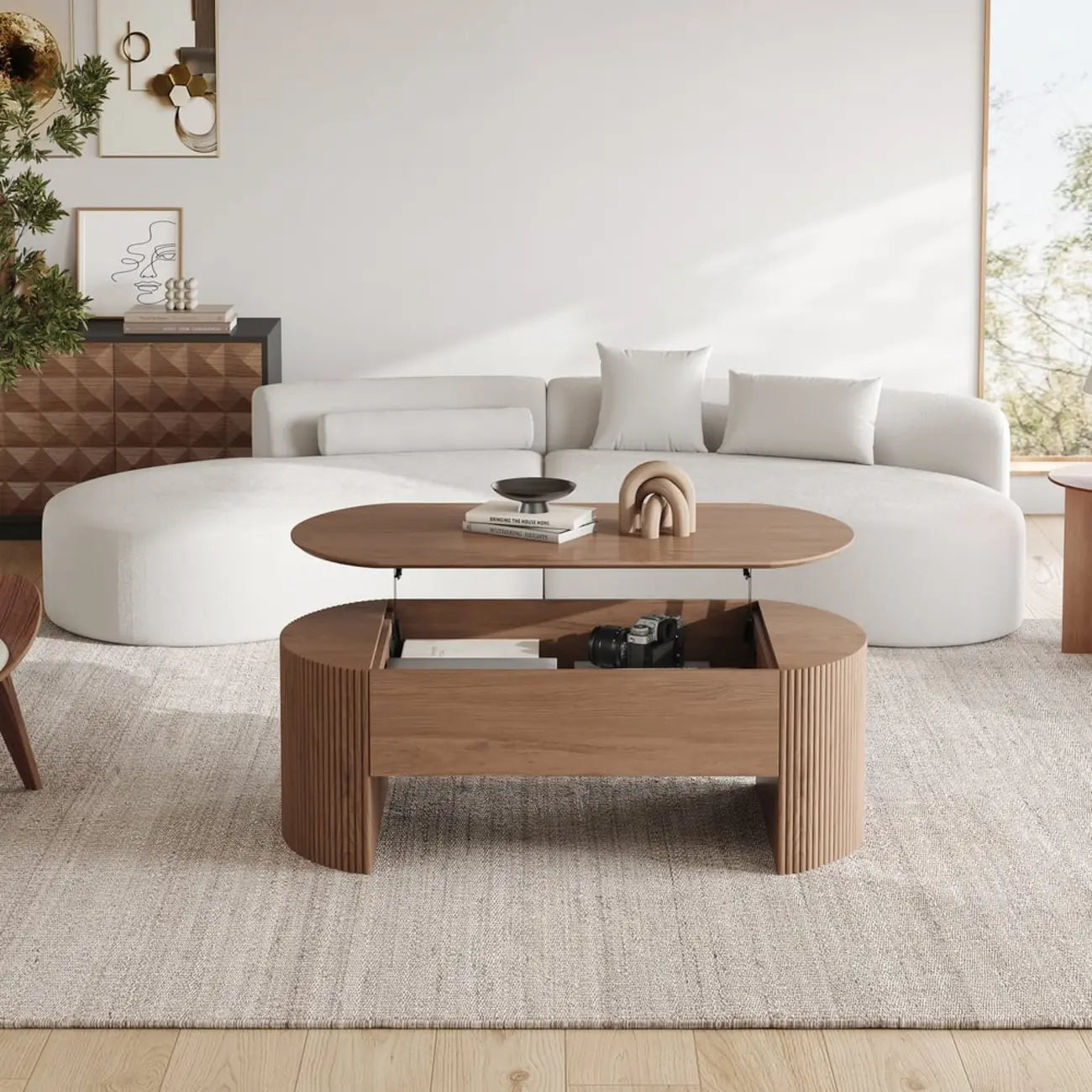 Mid-Century Modern Oval Wooden Lift-Top Coffee Table